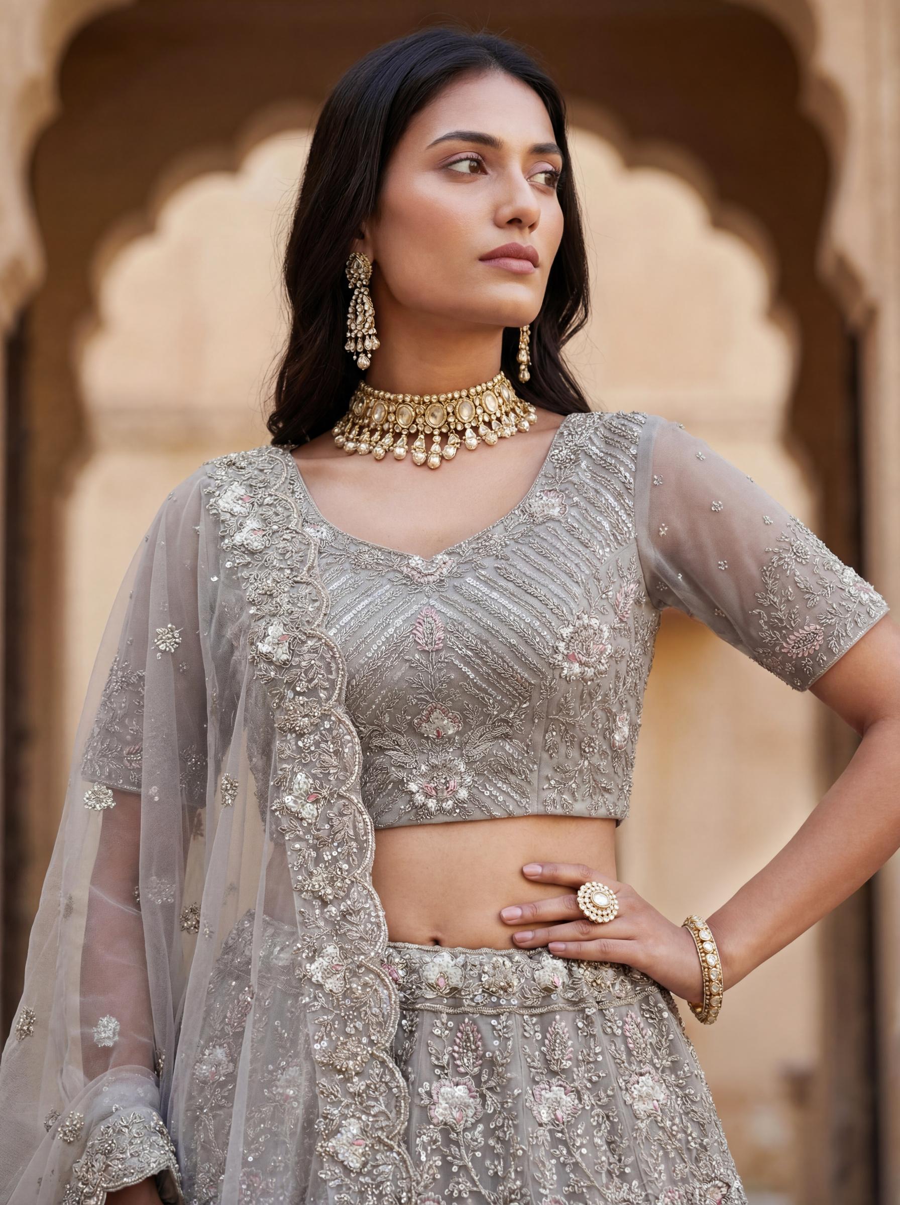 Designer Stone Grey Net Wedding Lehenga