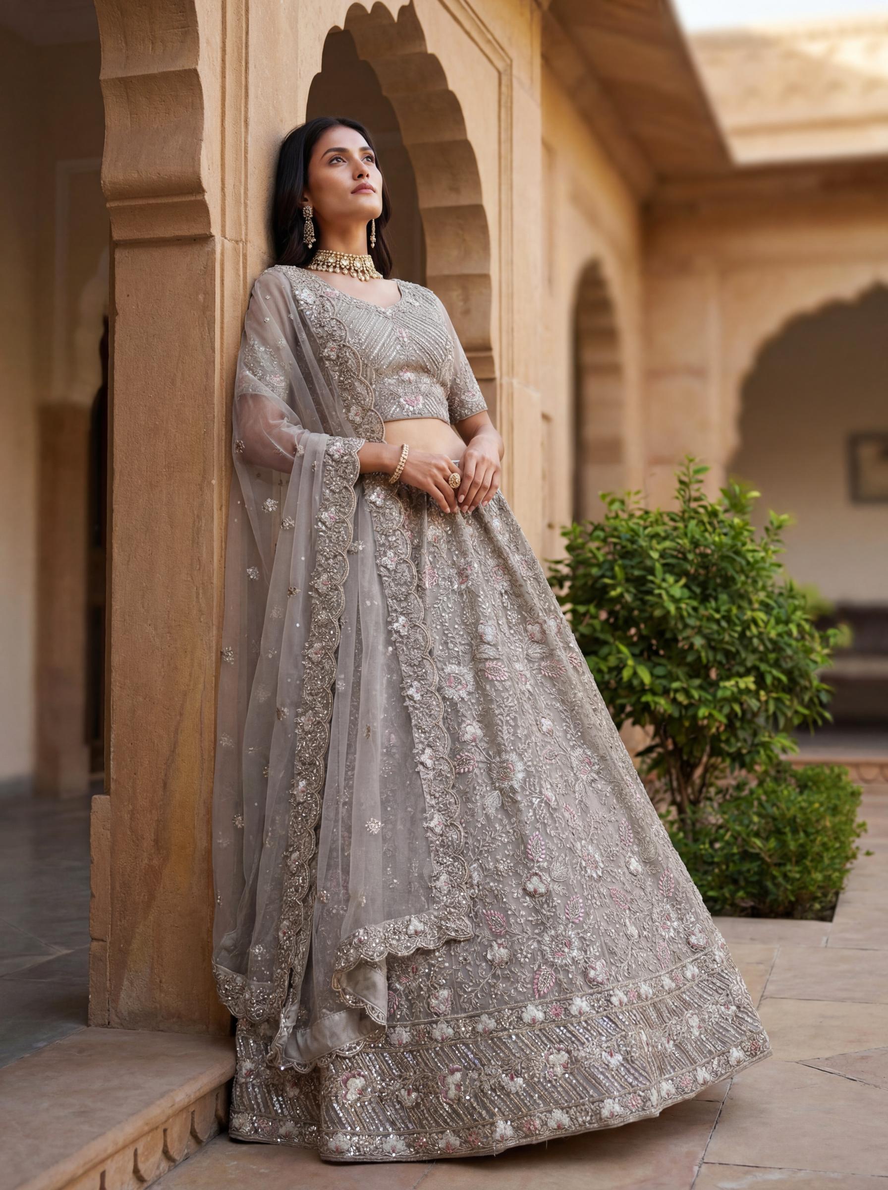 Designer Stone Grey Net Wedding Lehenga
