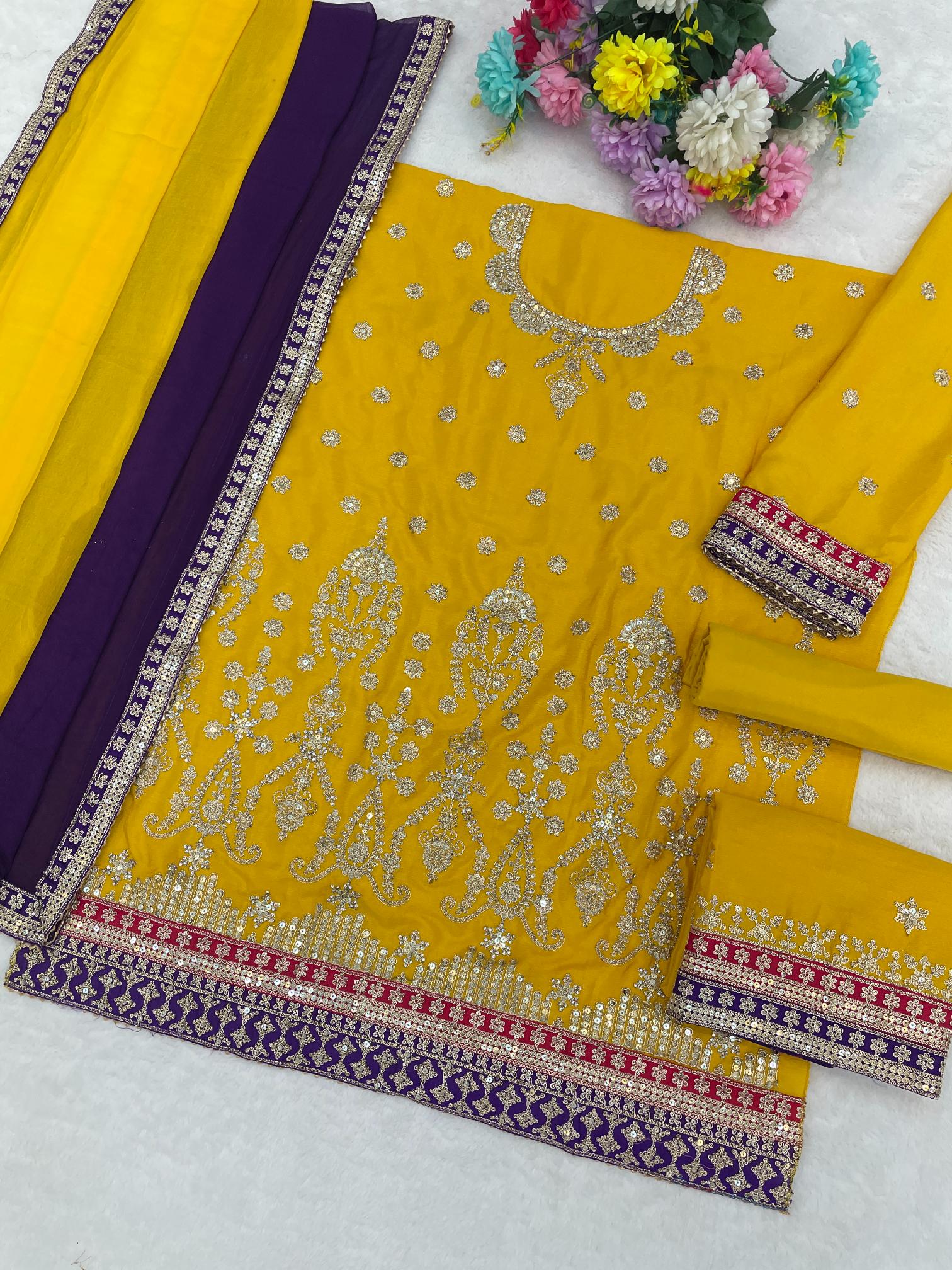 Designer Yellow Chinon Sharara Suit — alternate view