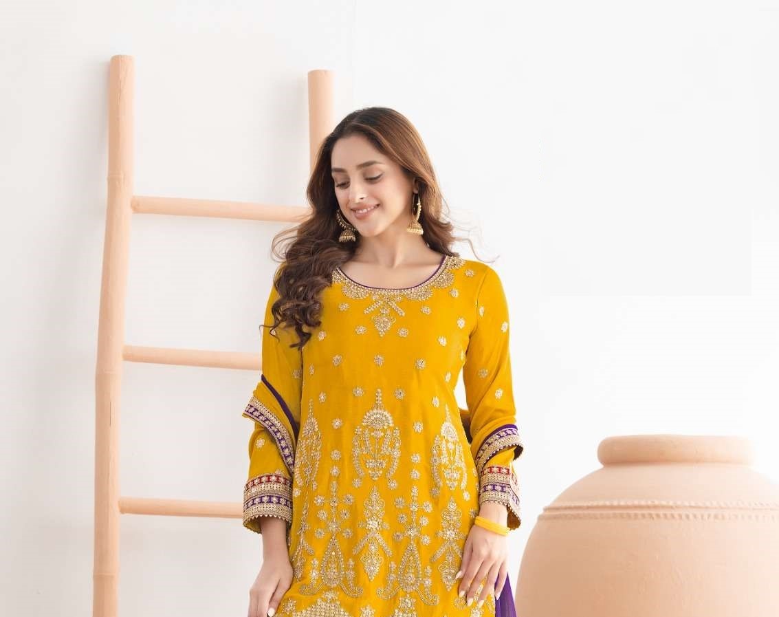 Designer Yellow Chinon Sharara Suit
