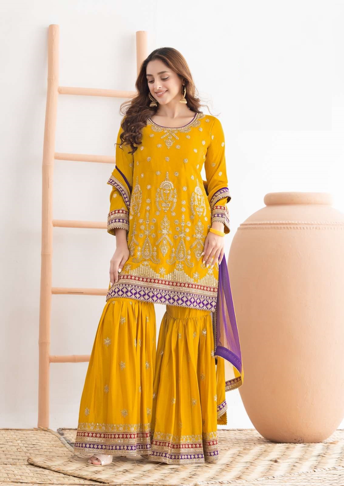Designer Yellow Chinon Sharara Suit