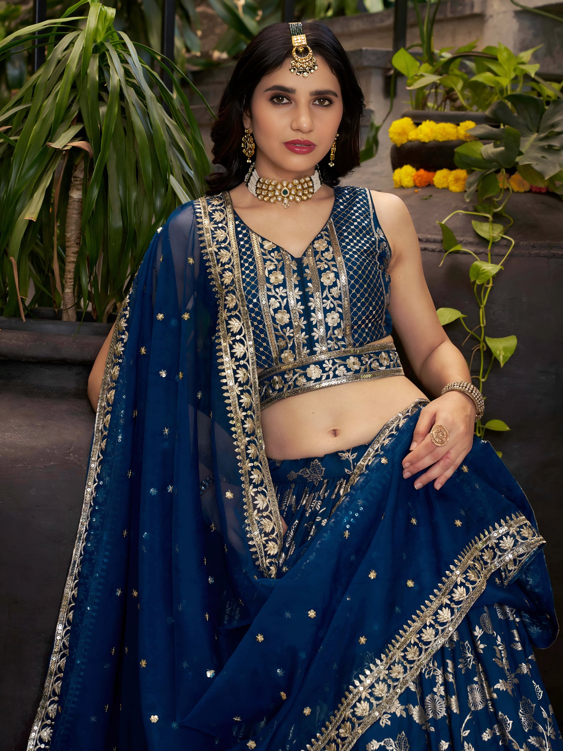 Dove Blue Dola Silk Jacquard Bridal Lehenga