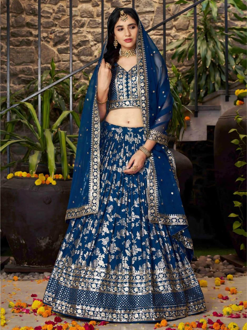 Dove Blue Dola Silk Jacquard Bridal Lehenga