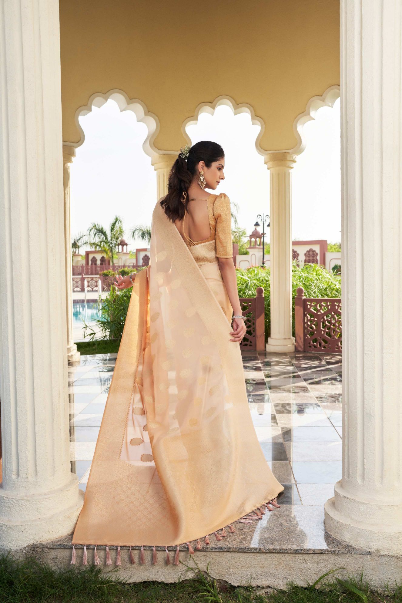 Dual-Tone Peach Ombre Effect Zari Woven Georgette Saree — alternate view