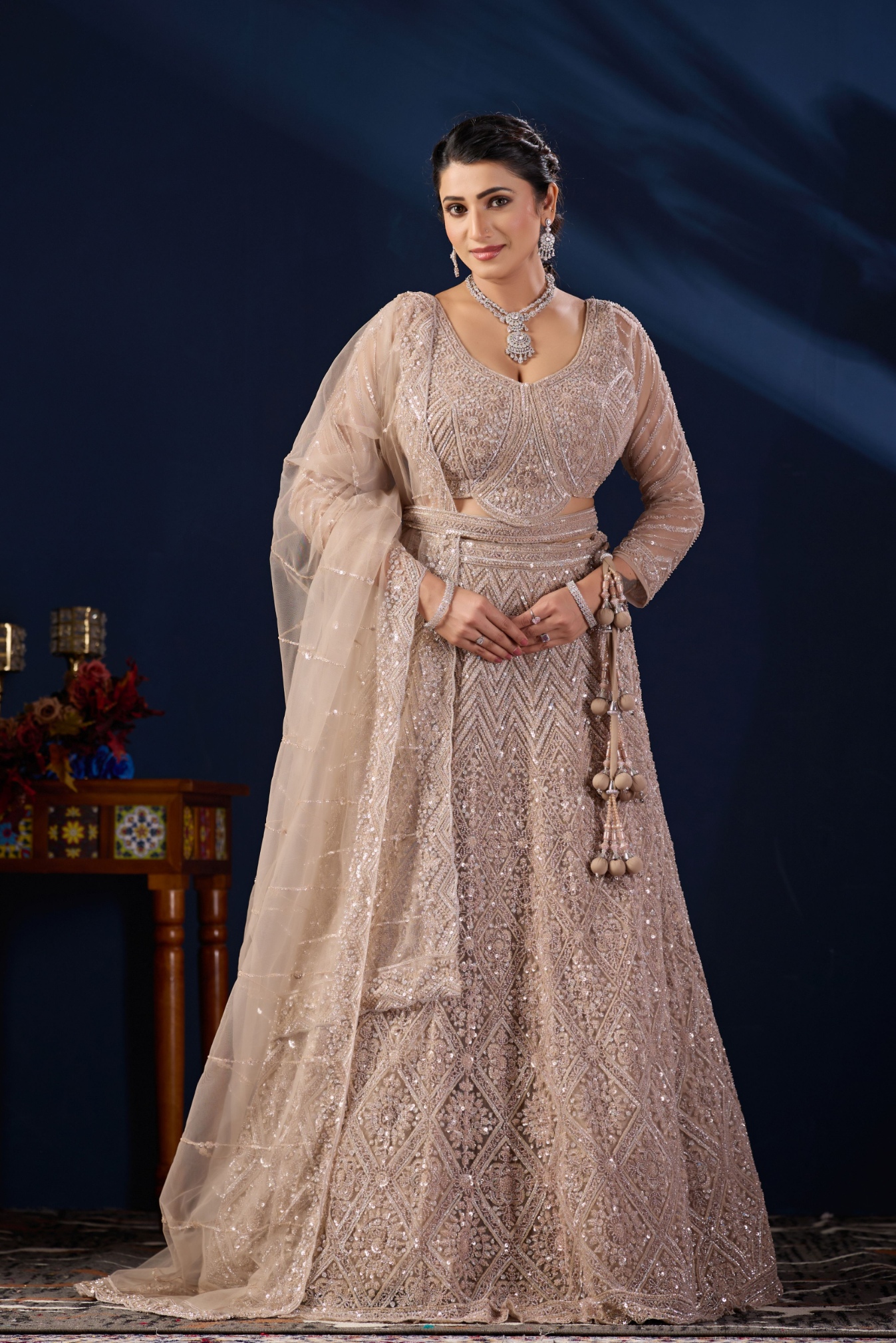 Dusty Beige Geometric Embroidered Net Lehenga Choli