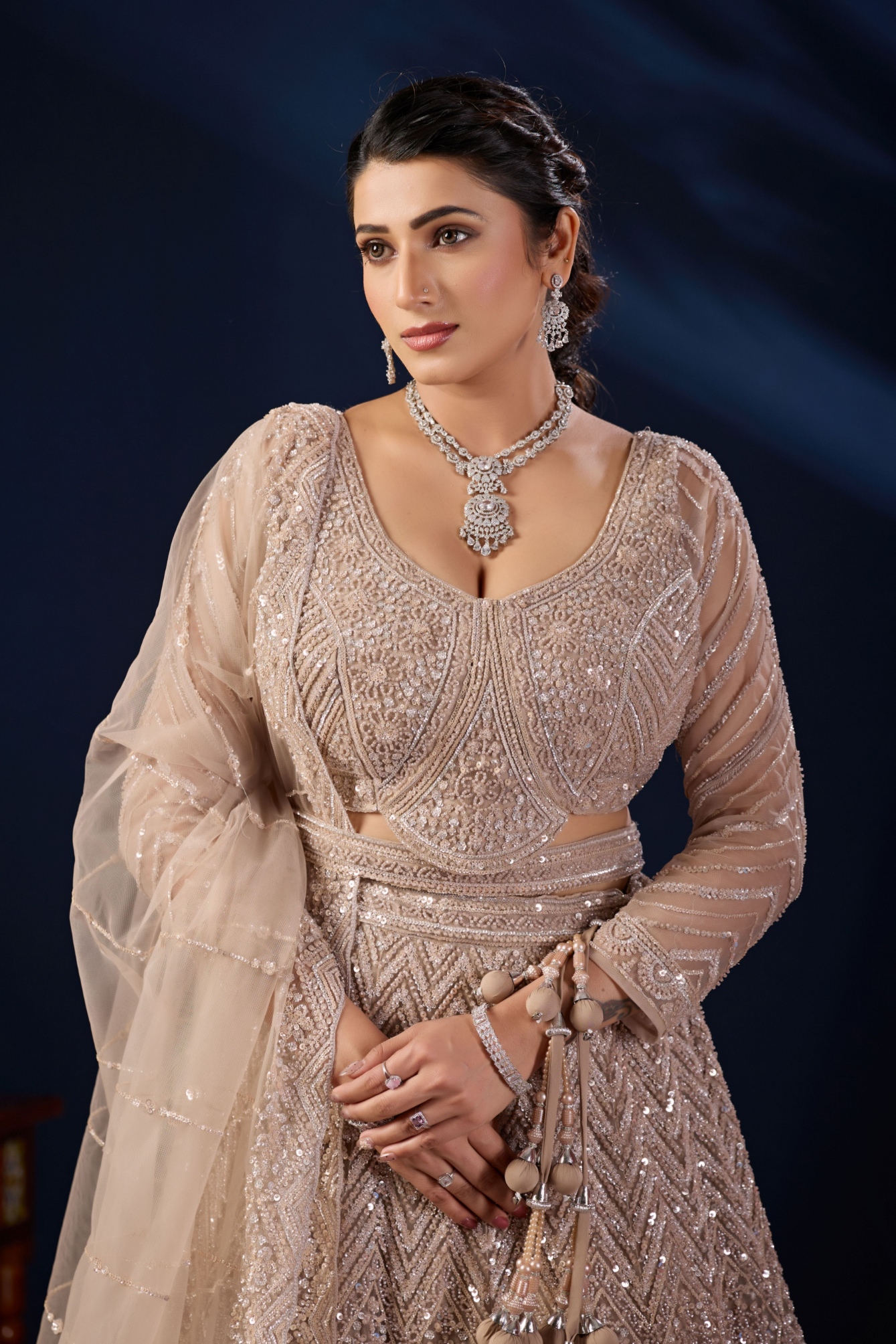 Dusty Beige Geometric Embroidered Net Lehenga Choli
