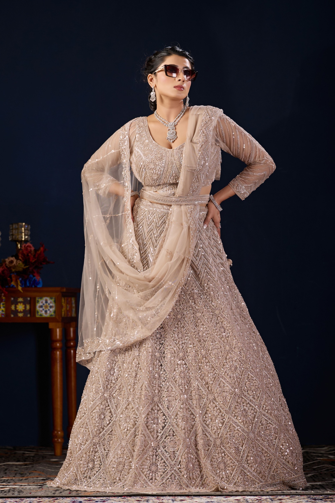 Dusty Beige Geometric Embroidered Net Lehenga Choli