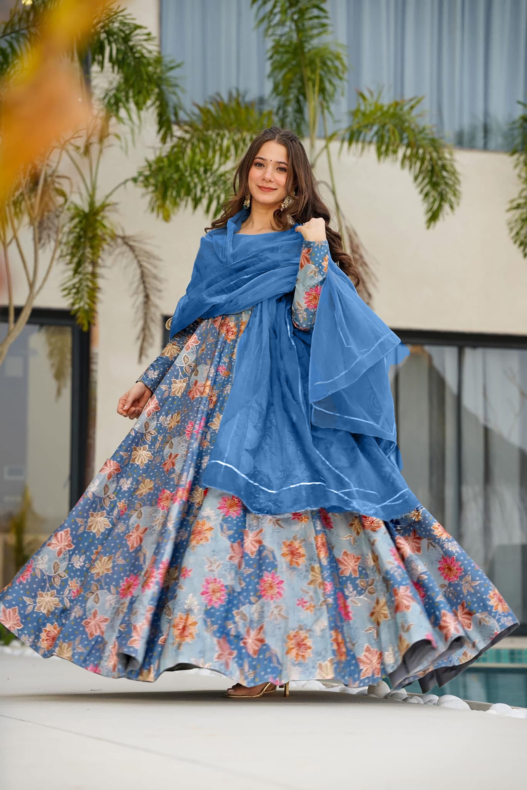 Dusty Blue Floral Digital Print Silk Empire Gown