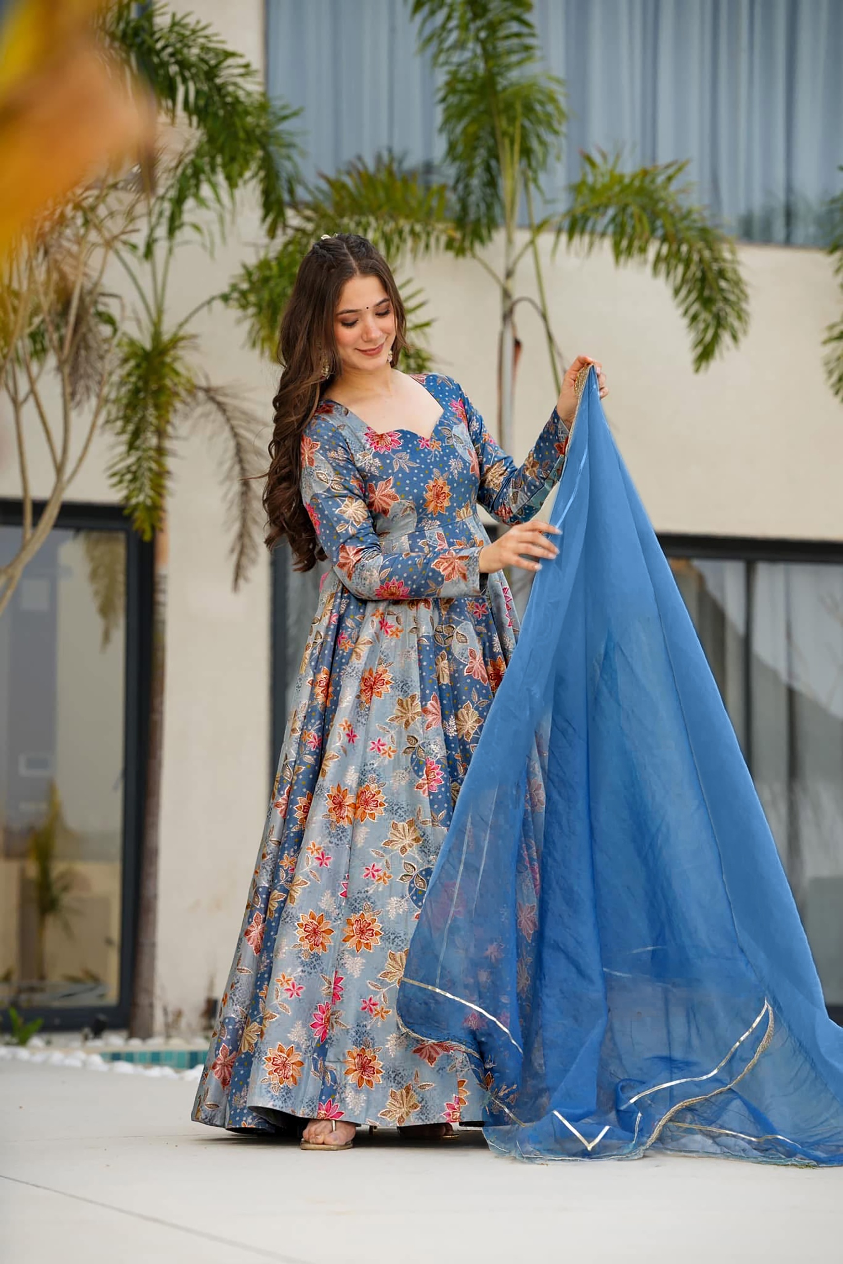 Dusty Blue Floral Digital Print Silk Empire Gown