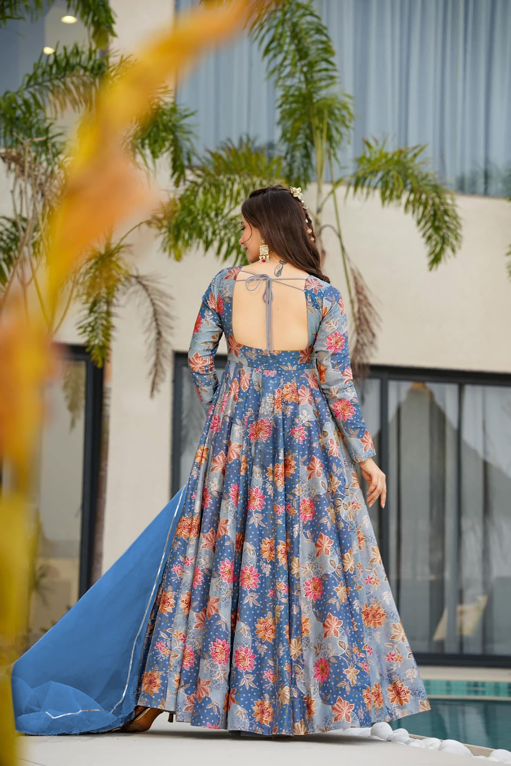 Dusty Blue Floral Digital Print Silk Empire Gown