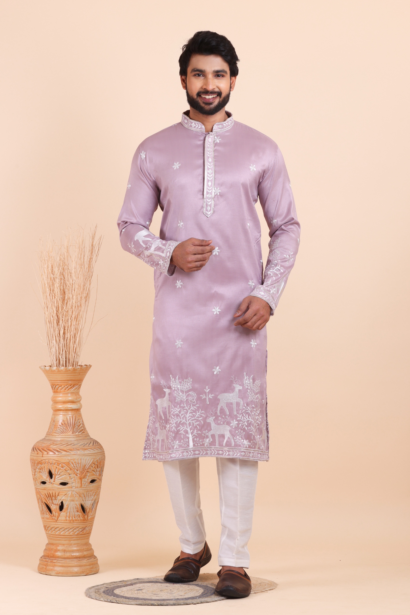 Dusty Lavender Deer Embroidered Silk Kurta Trouser Set