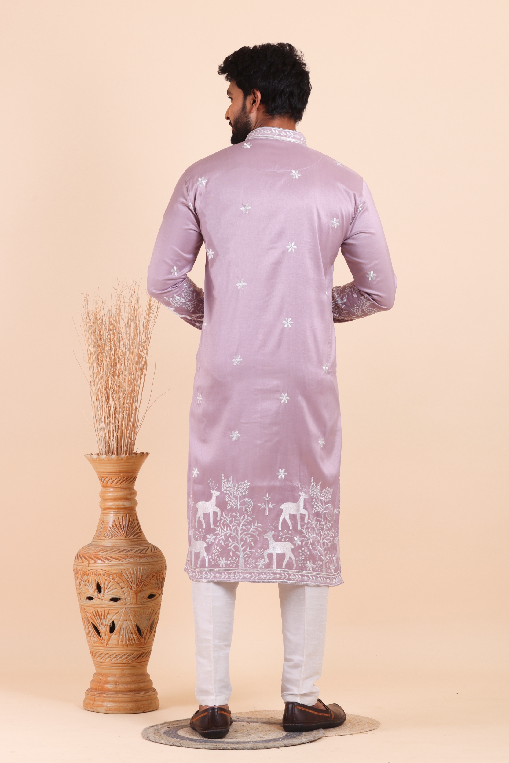 Dusty Lavender Deer Embroidered Silk Kurta Trouser Set — alternate view