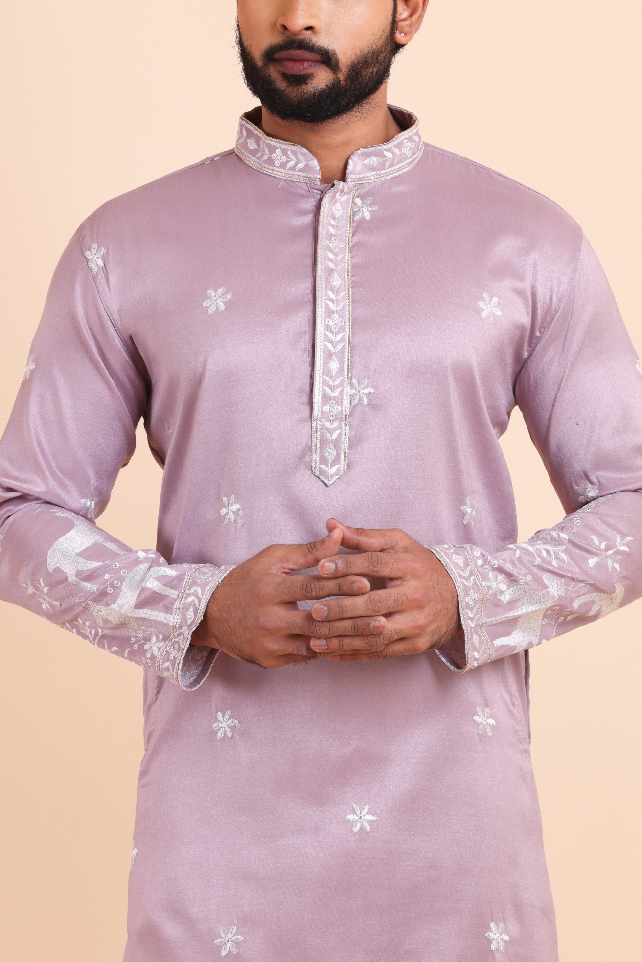 Dusty Lavender Deer Embroidered Silk Kurta Trouser Set