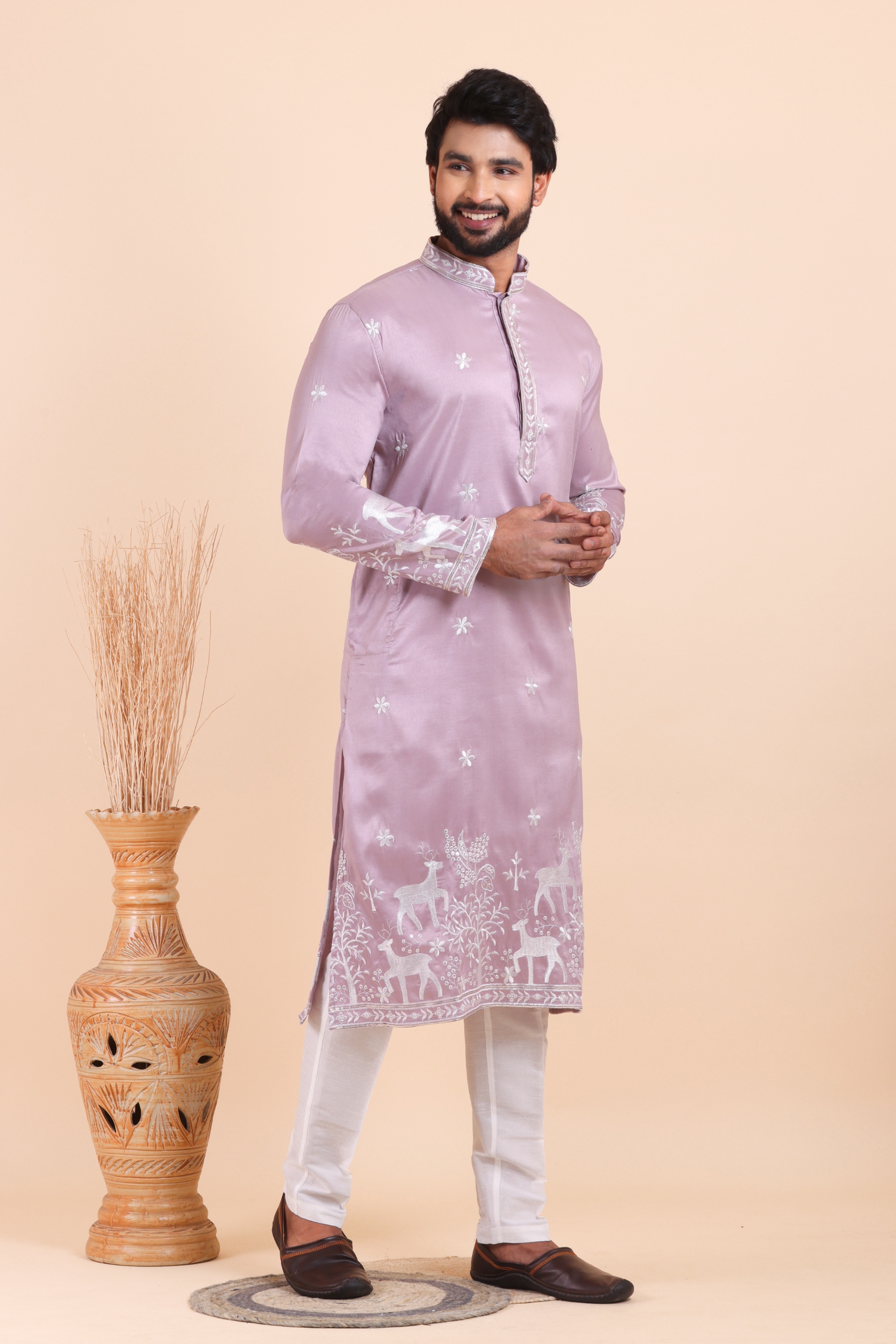 Dusty Lavender Deer Embroidered Silk Kurta Trouser Set