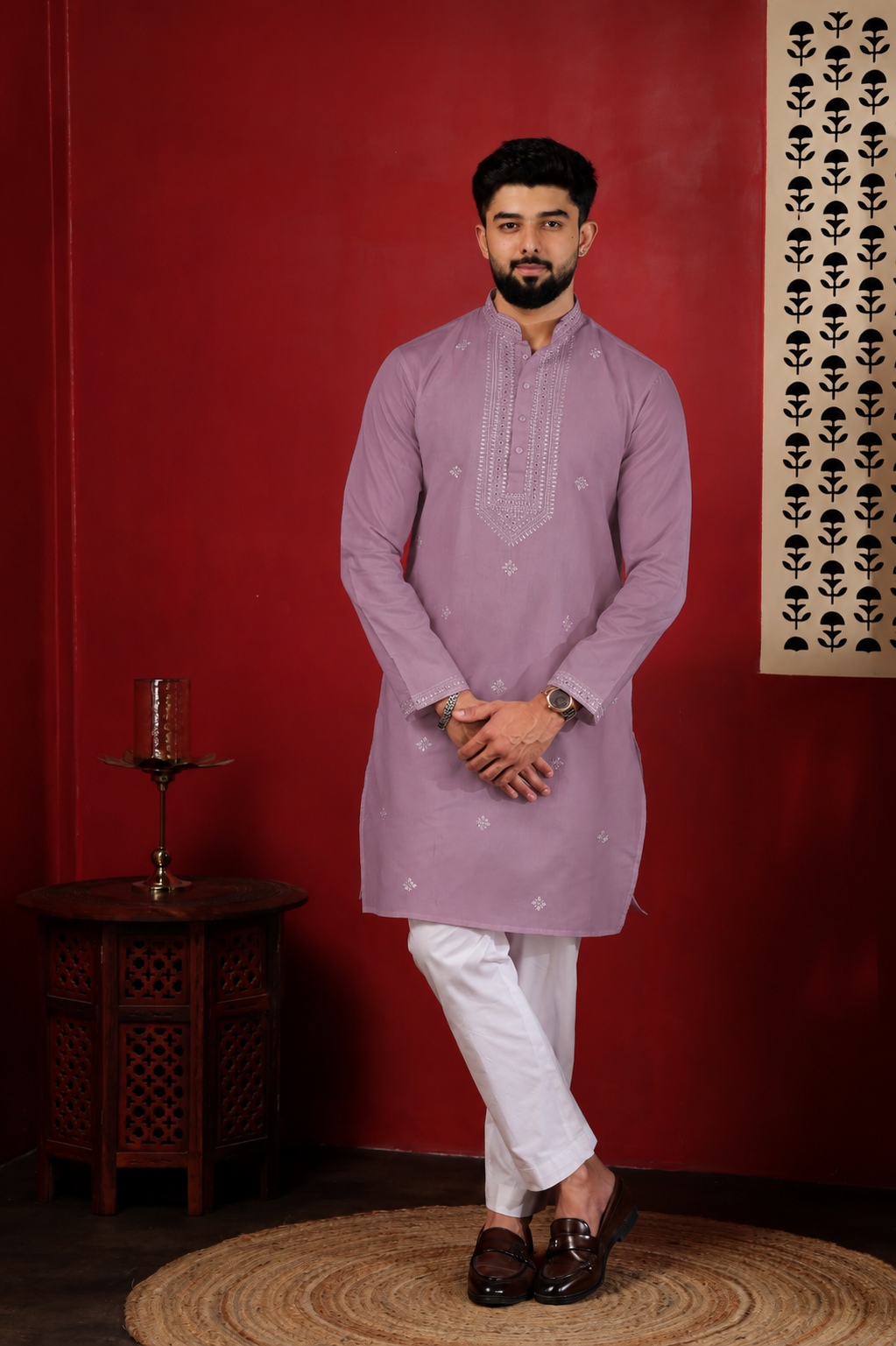 Dusty Mauve Embroidered Cotton Kurta Pyjama