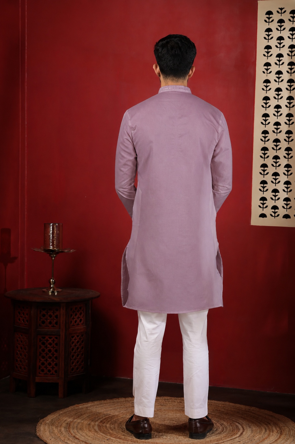 Dusty Mauve Embroidered Cotton Kurta Pyjama — alternate view