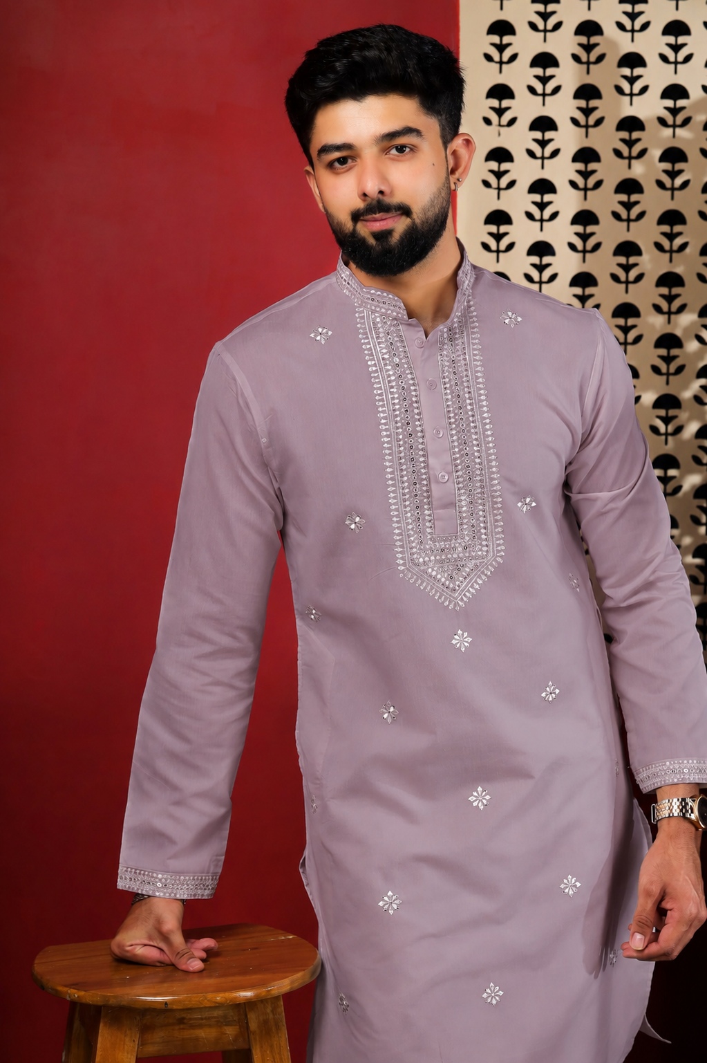 Dusty Mauve Embroidered Cotton Kurta Pyjama