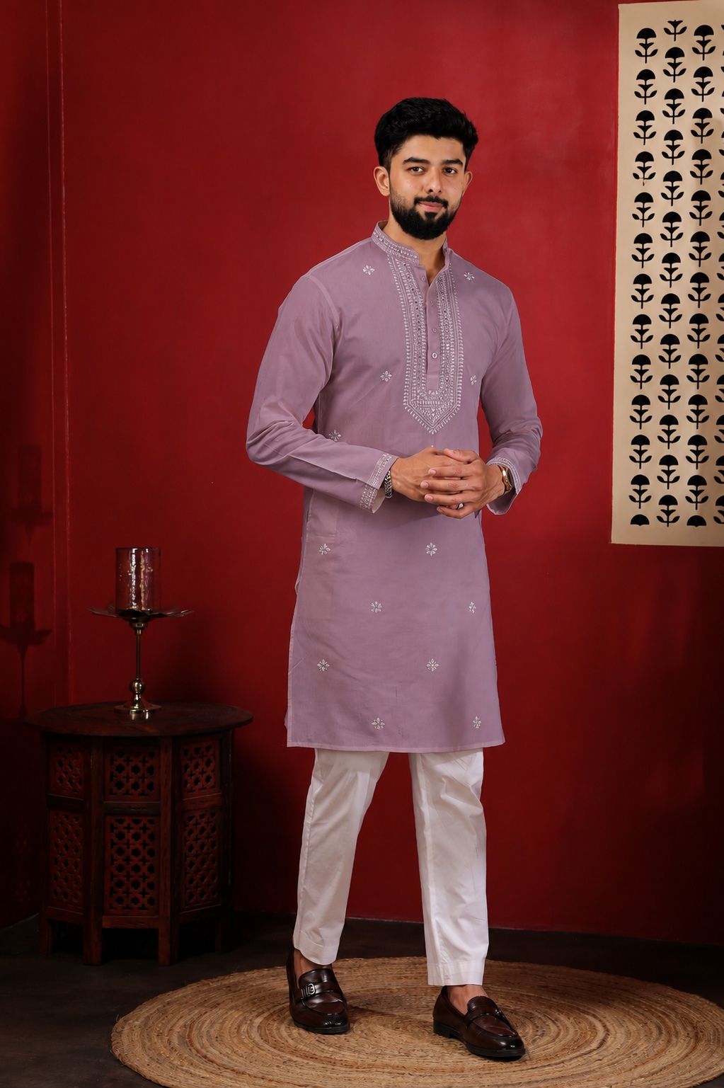 Dusty Mauve Embroidered Cotton Kurta Pyjama