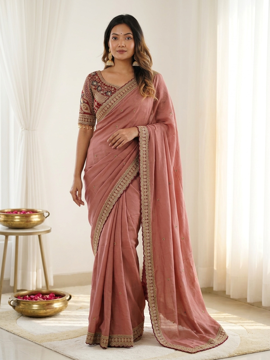 Dusty Pink Designer Embroidery Rangoli Silk Saree