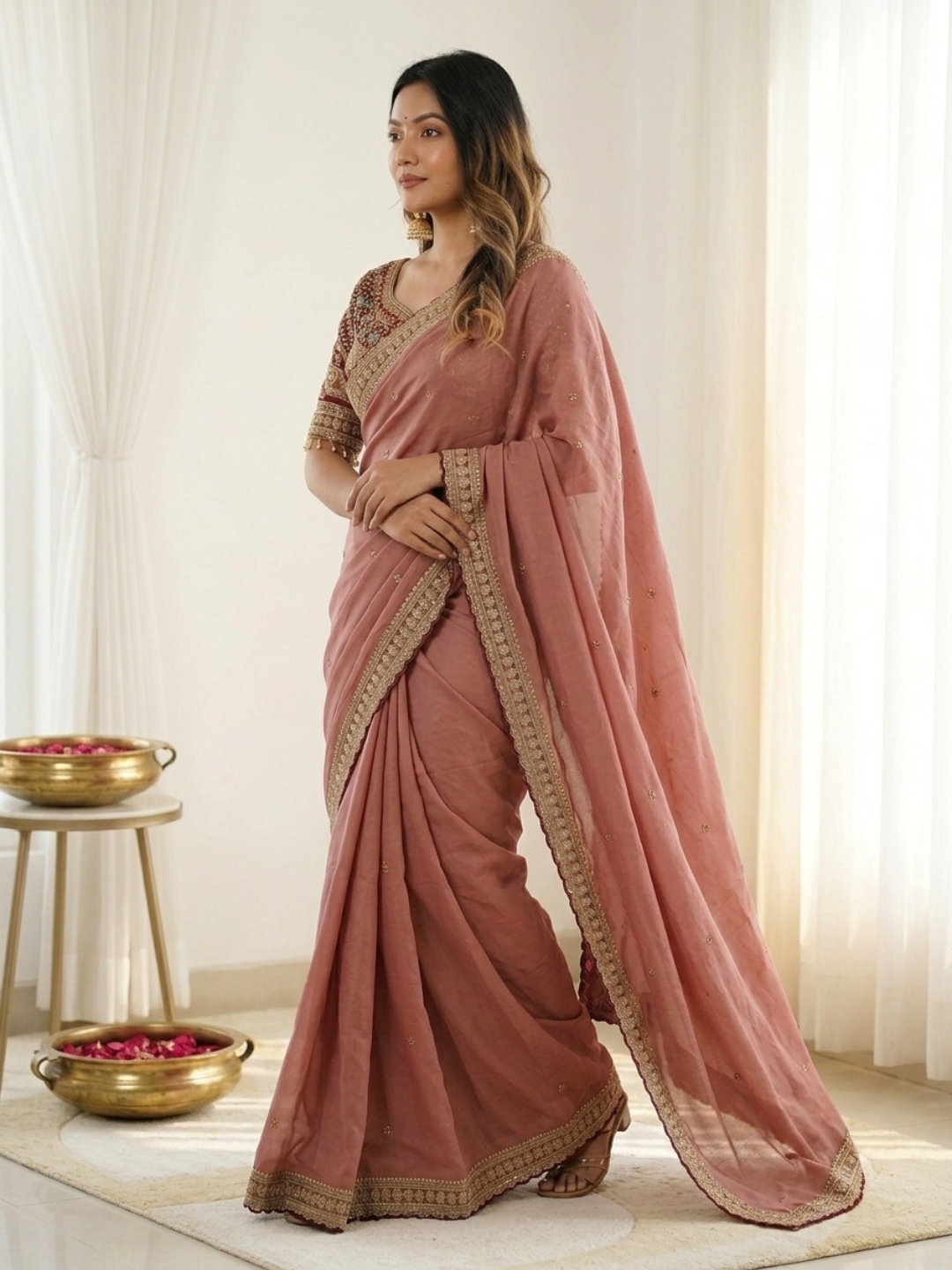 Dusty Pink Designer Embroidery Rangoli Silk Saree — alternate view