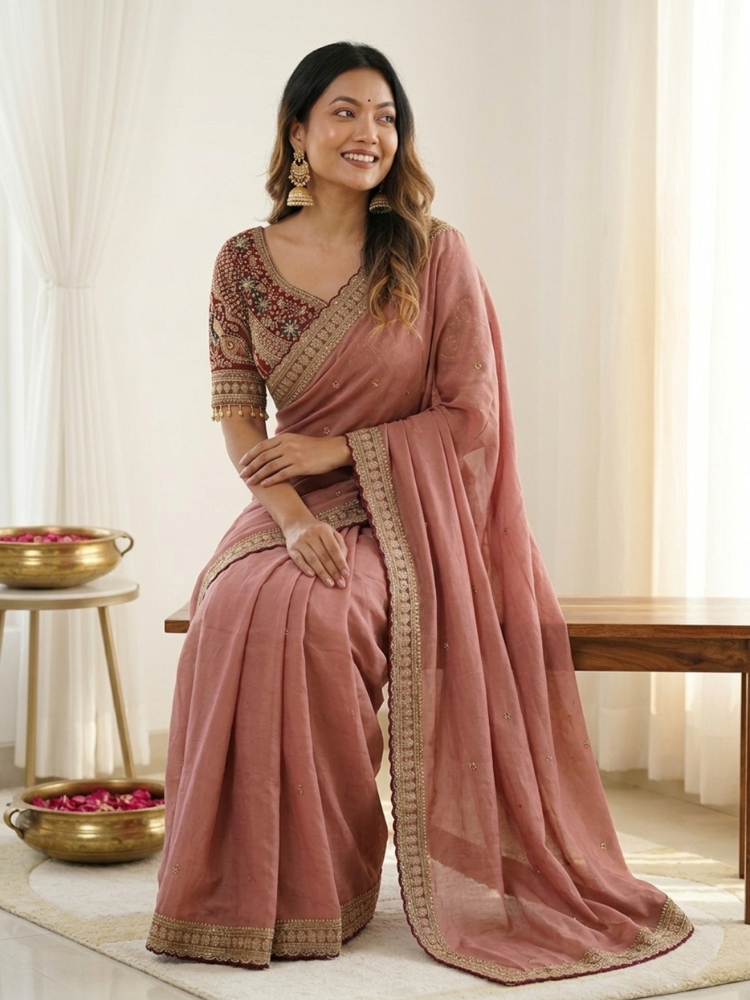 Dusty Pink Designer Embroidery Rangoli Silk Saree