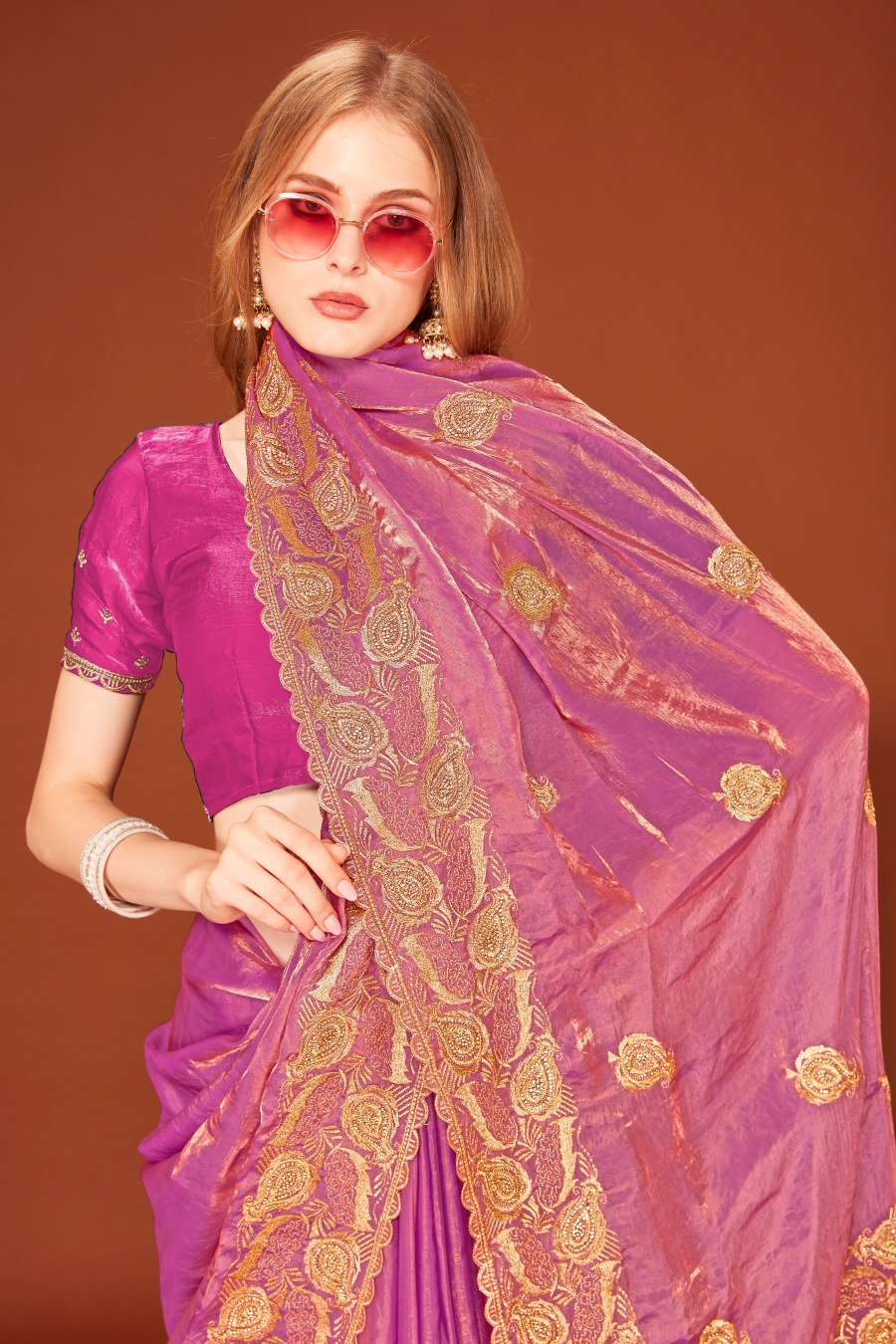 Dusty Pink Fendy Two Tone Silk Zari Embroidered Saree with Zircon Work — alternate view