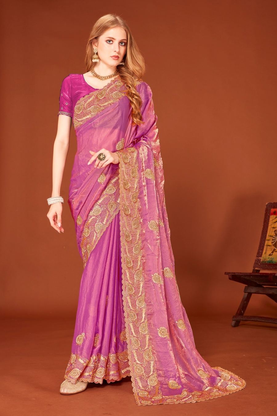 Dusty Pink Fendy Two Tone Silk Zari Embroidered Saree with Zircon Work