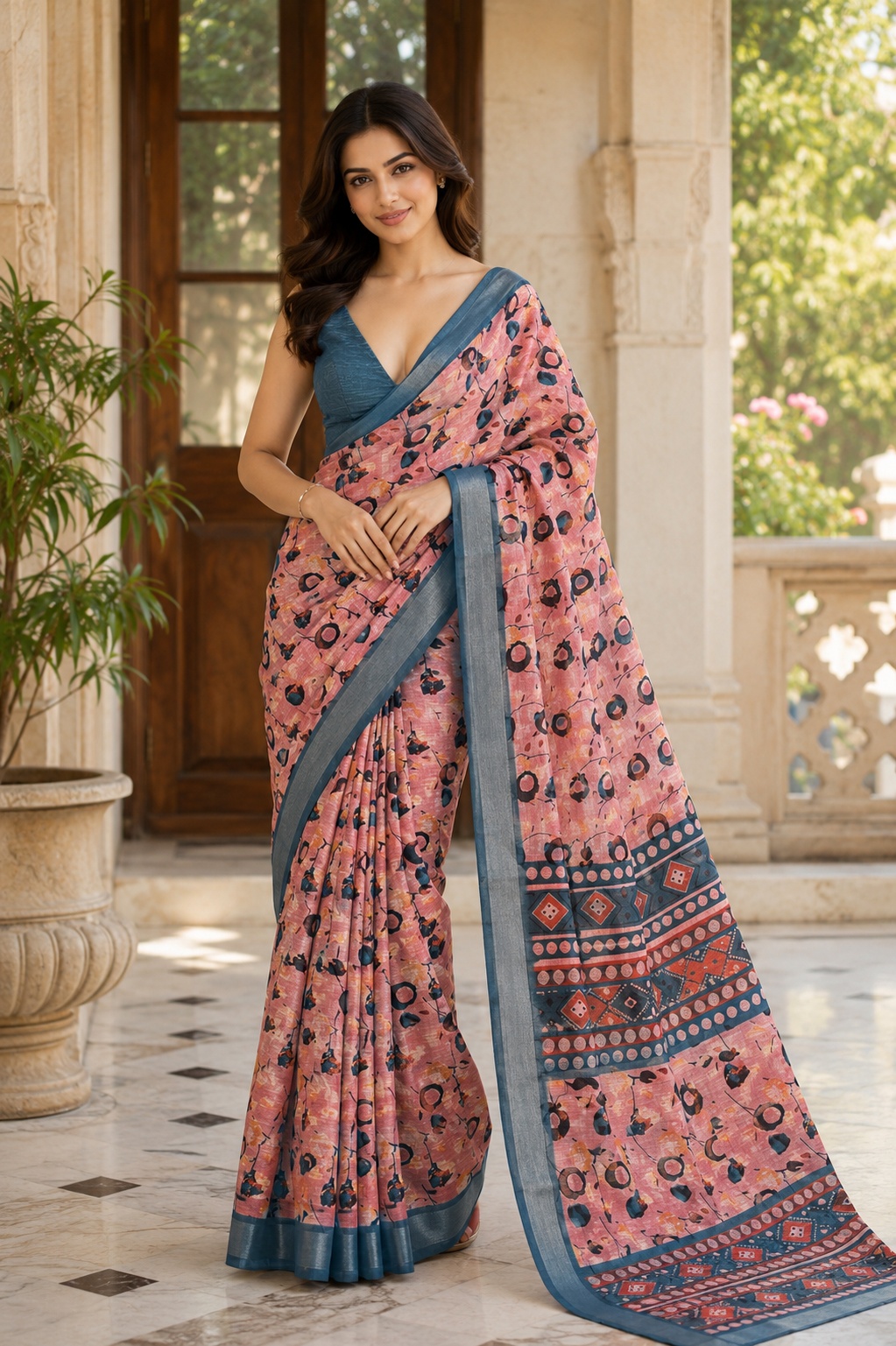 Dusty Pink Floral Printed Lichi Silk Saree