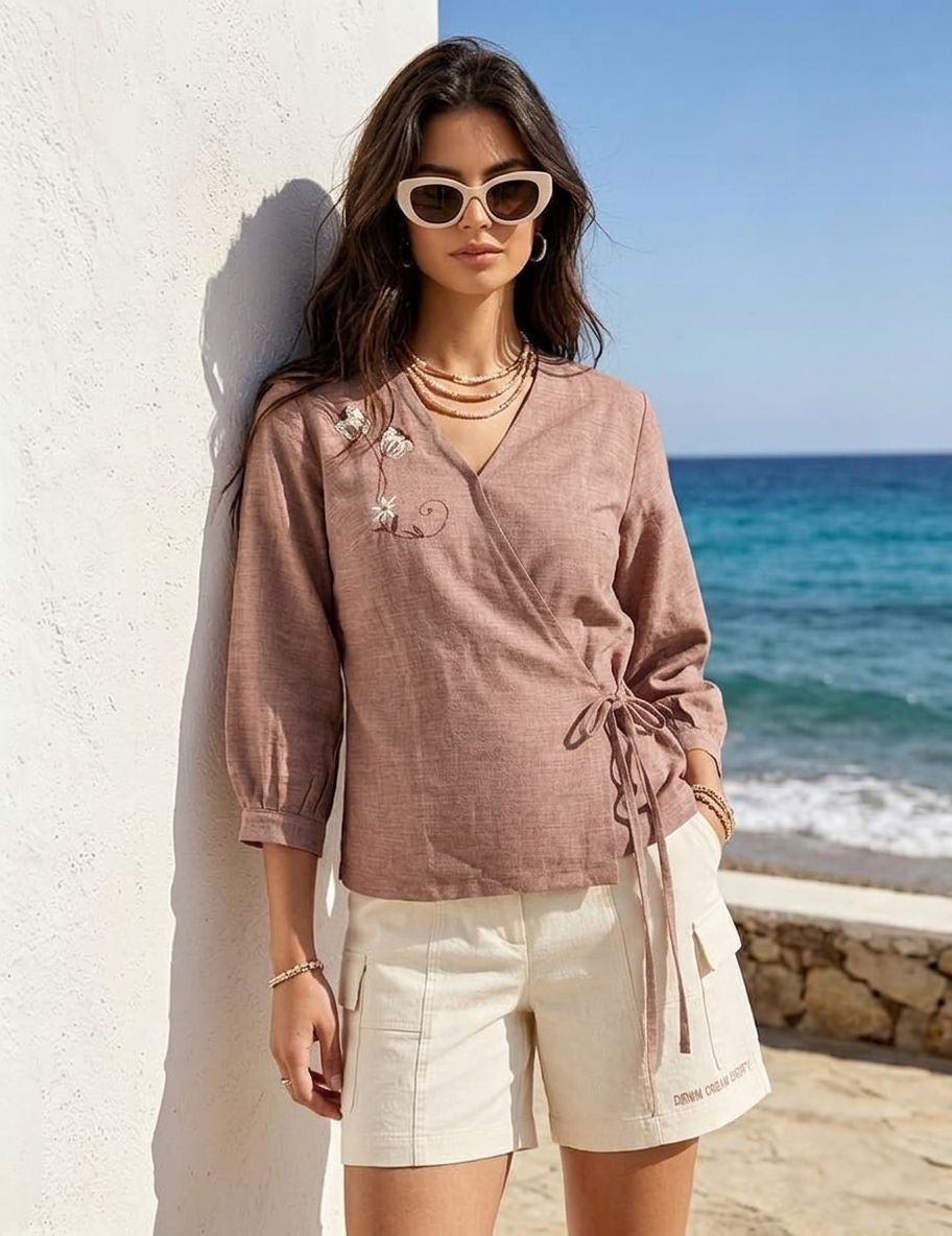 Dusty Pink Floral Thread Linen Wrap Top