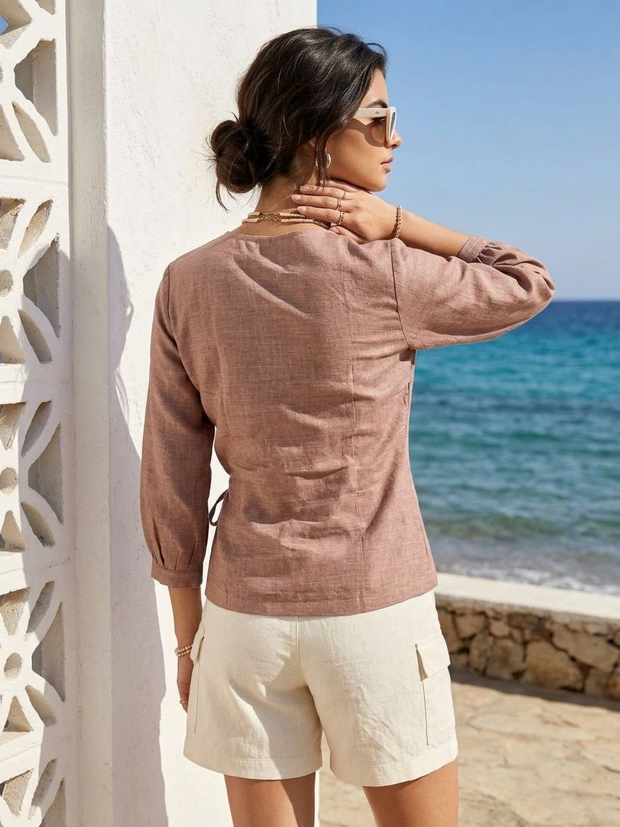 Dusty Pink Floral Thread Linen Wrap Top — alternate view
