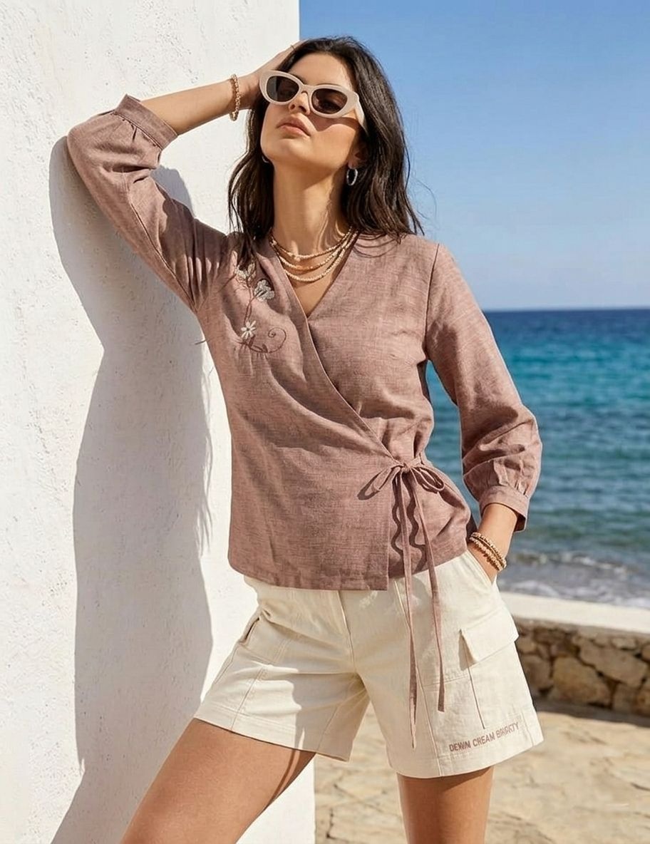 Dusty Pink Floral Thread Linen Wrap Top
