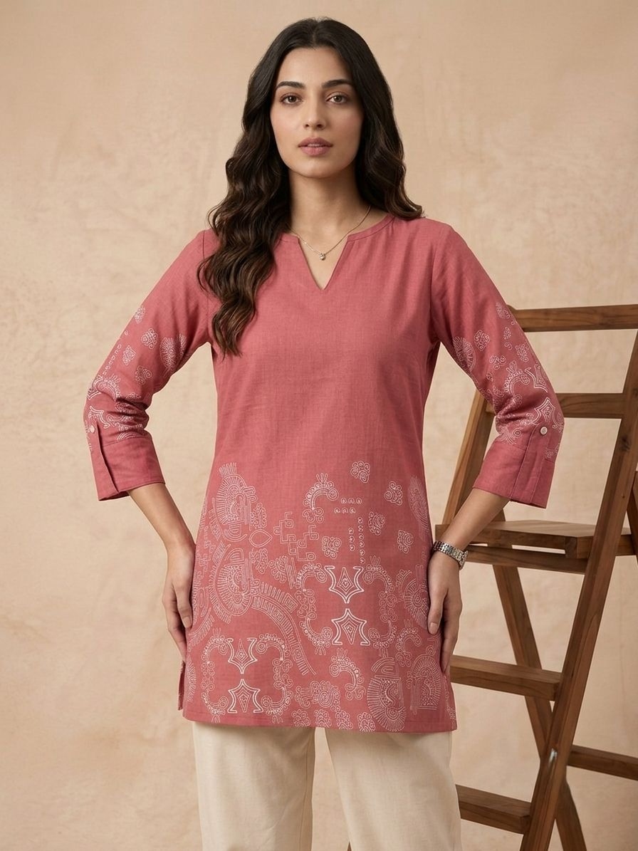 Dusty Pink Printed Linen Cotton Short Tunic Top