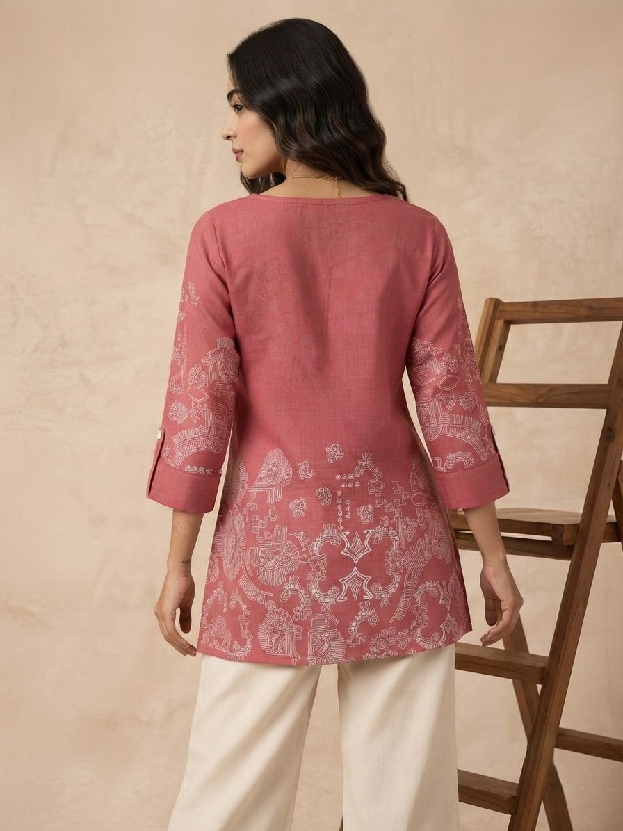 Dusty Pink Printed Linen Cotton Short Tunic Top — alternate view