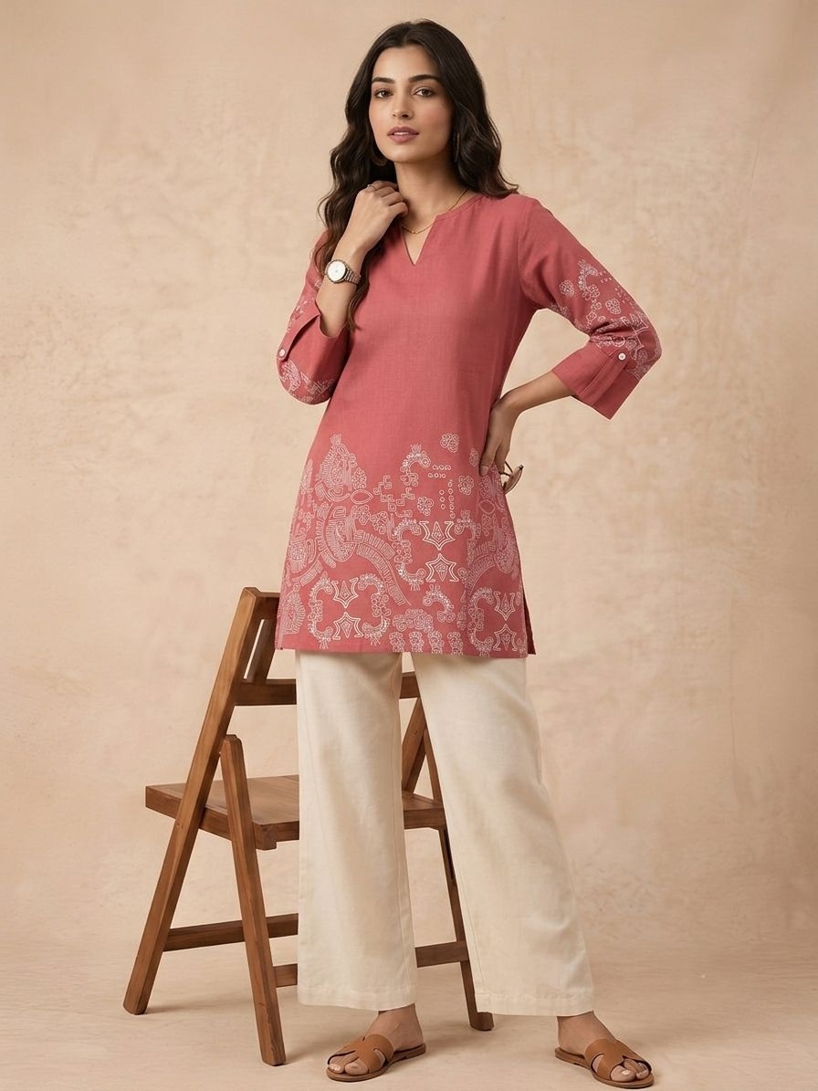 Dusty Pink Printed Linen Cotton Short Tunic Top