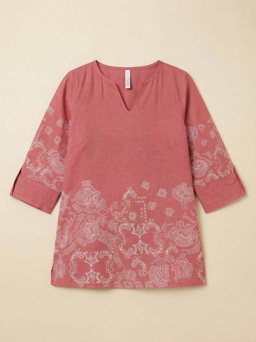 Dusty Pink Printed Linen Cotton Short Tunic Top