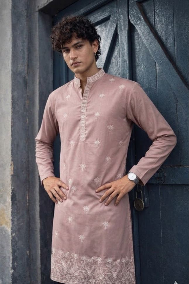 Dusty Pink Silk Designer Embroidery Kurta Pyjama