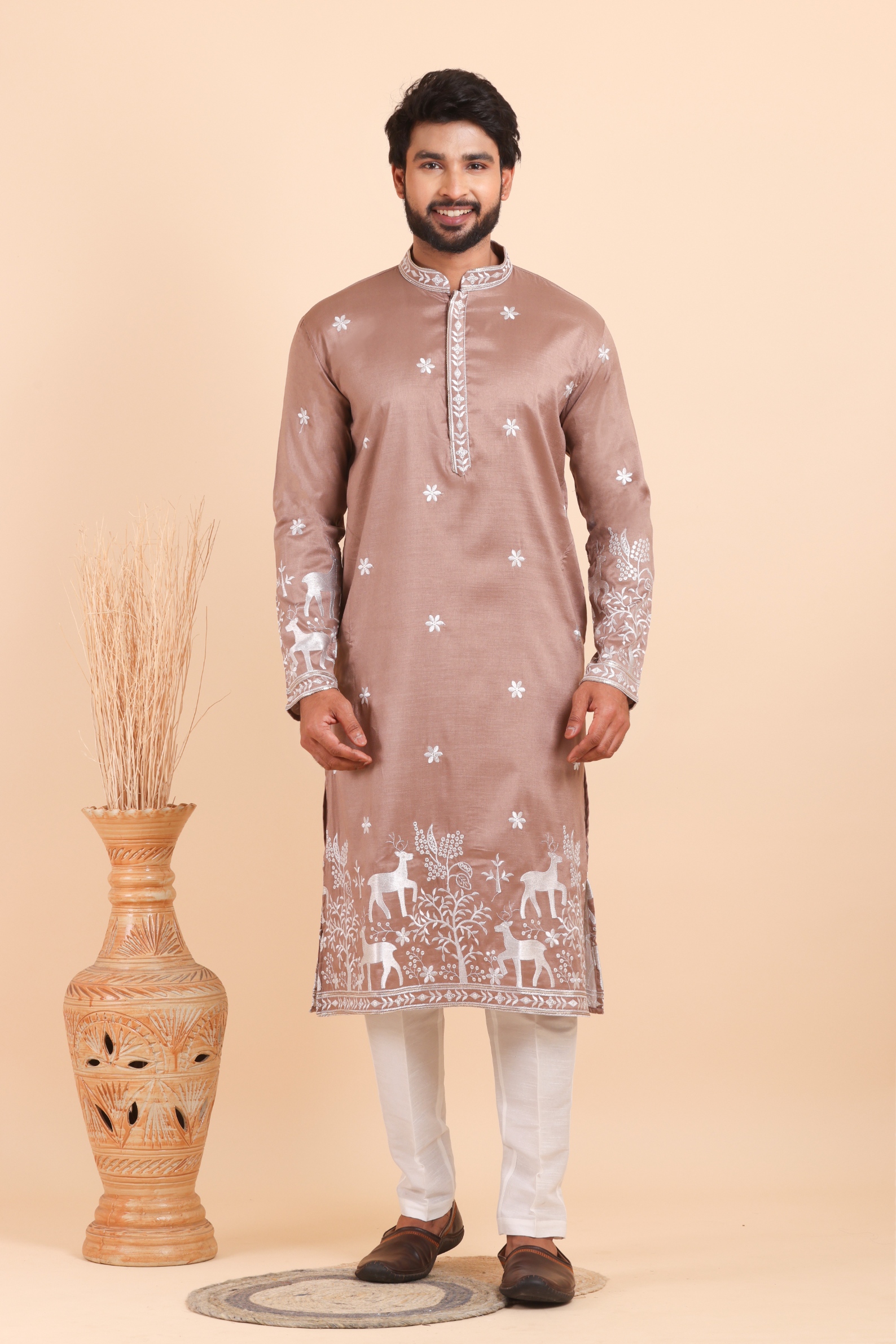 Dusty Rose Deer Embroidered Silk Kurta Trouser Set
