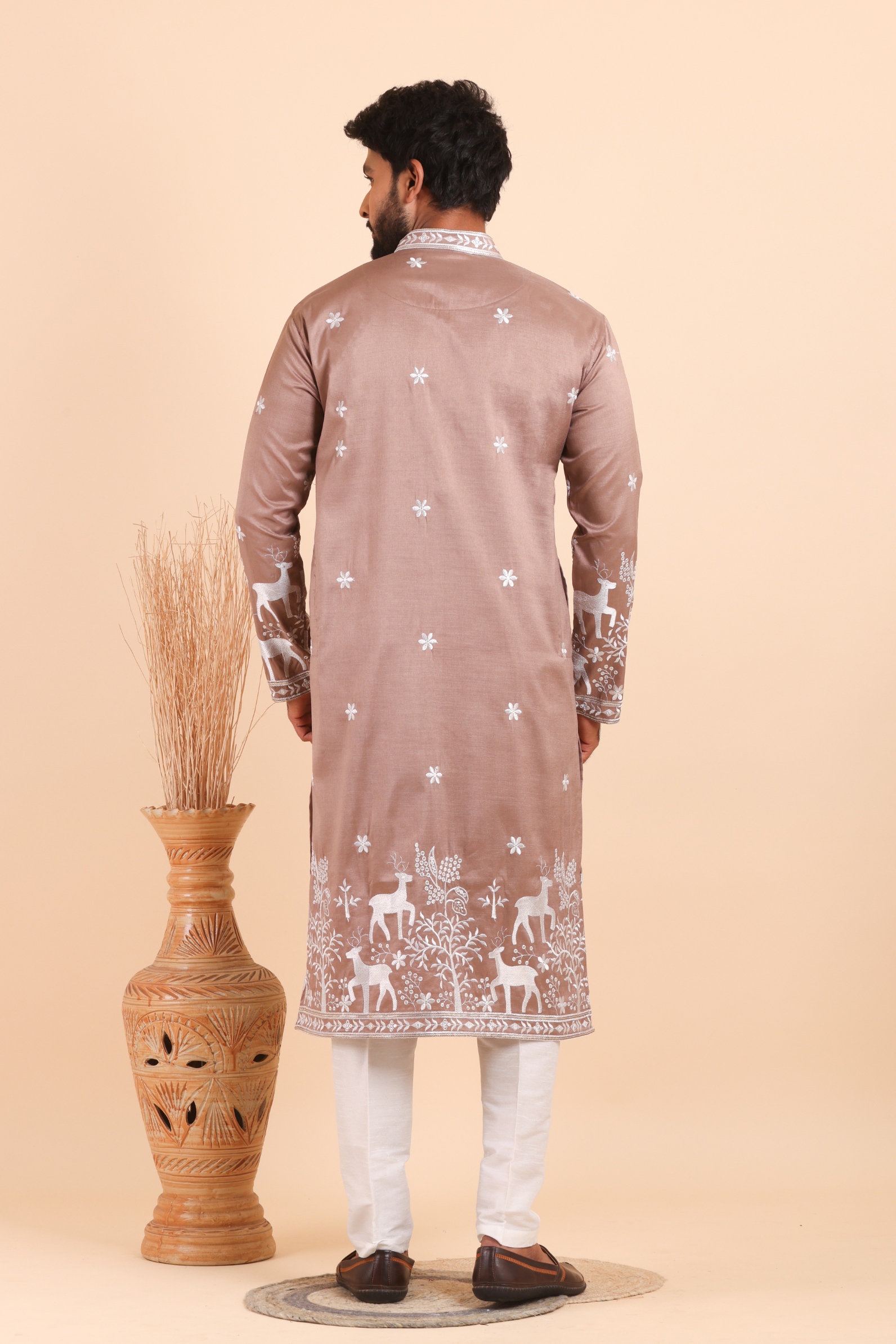 Dusty Rose Deer Embroidered Silk Kurta Trouser Set — alternate view