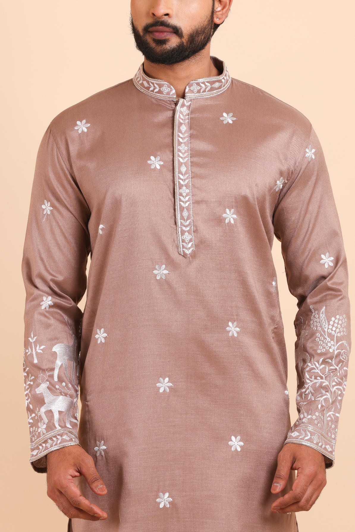 Dusty Rose Deer Embroidered Silk Kurta Trouser Set
