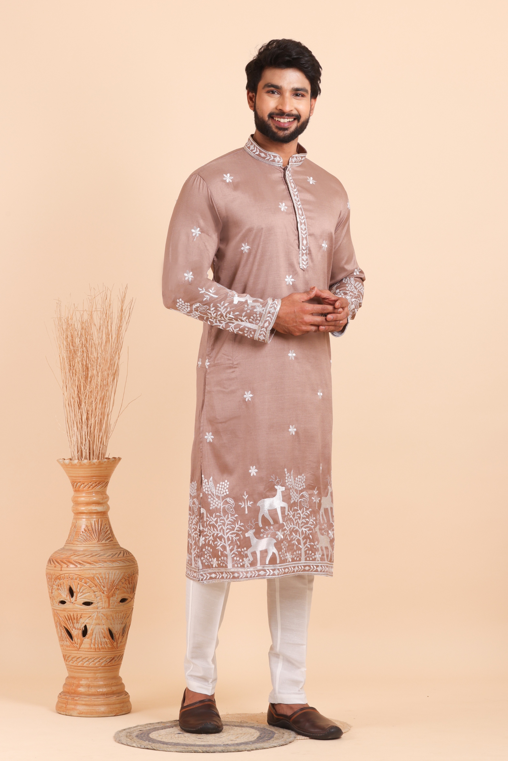 Dusty Rose Deer Embroidered Silk Kurta Trouser Set