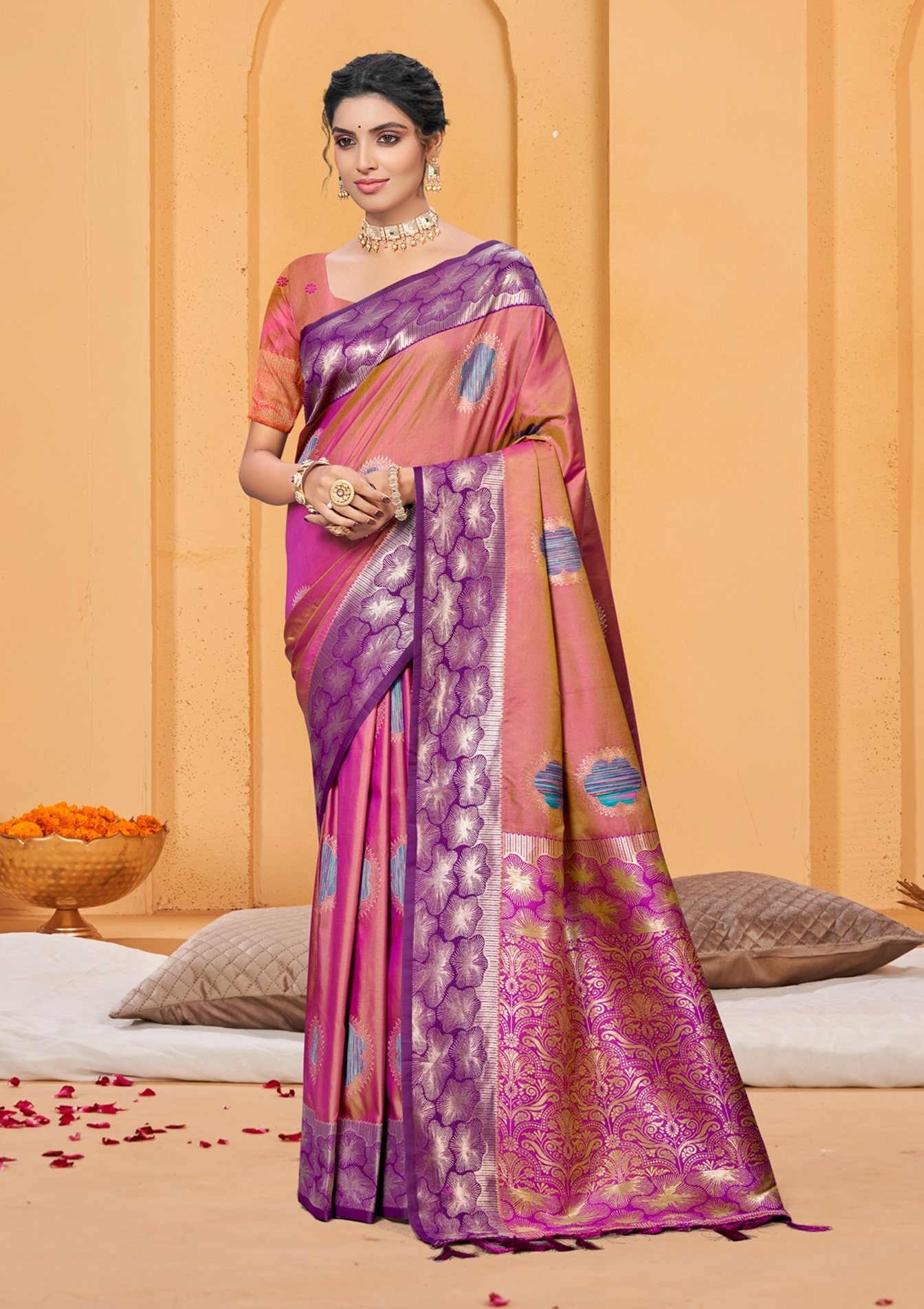 Dusty Rose Pink Woven Designer Soft Silk Saree — alternate view