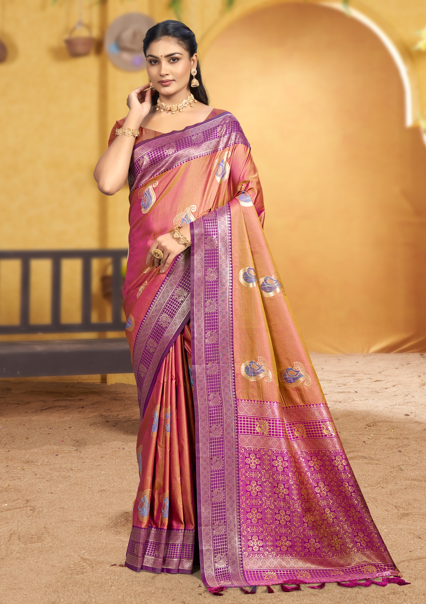 Dusty Rose Pink Woven Soft Silk Saree