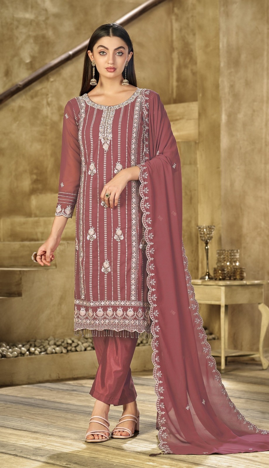 Dusty Rose Stripe Designer Embroidery Georgette Straight Suit