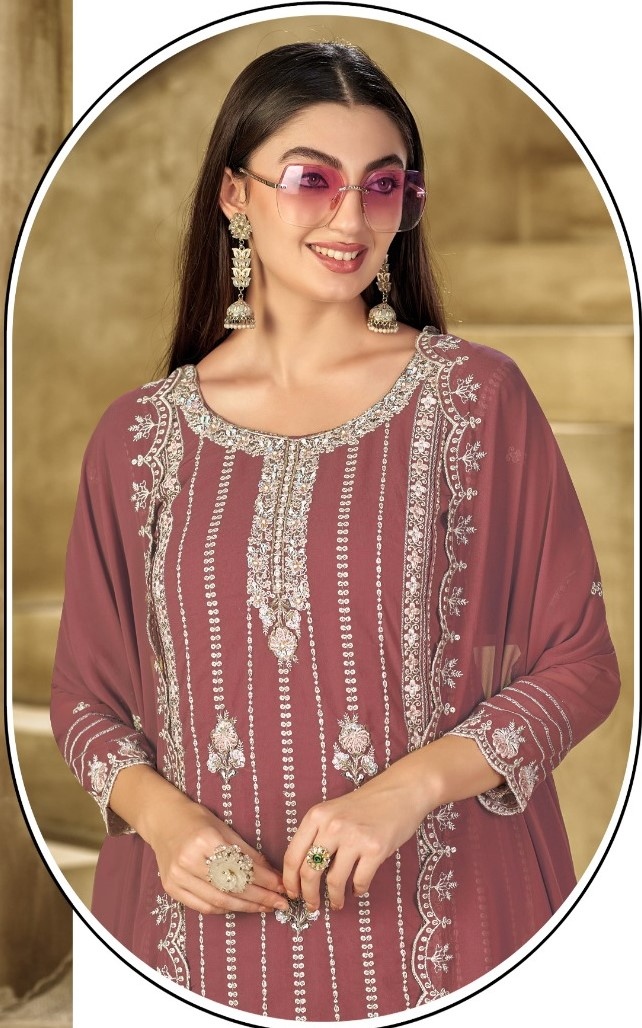 Dusty Rose Stripe Designer Embroidery Georgette Straight Suit — alternate view