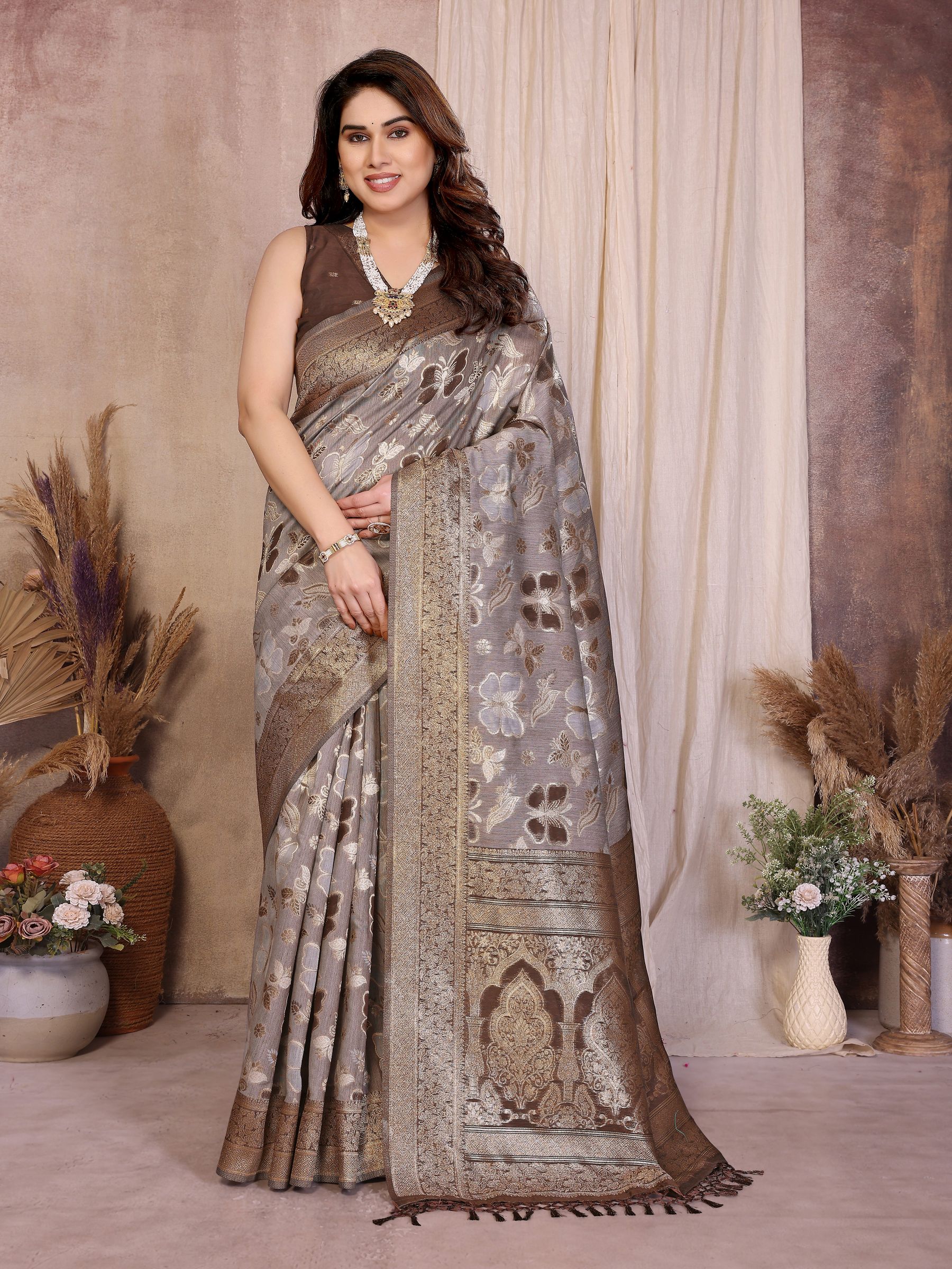Earth Brown Regal Jacquard Cotton Saree