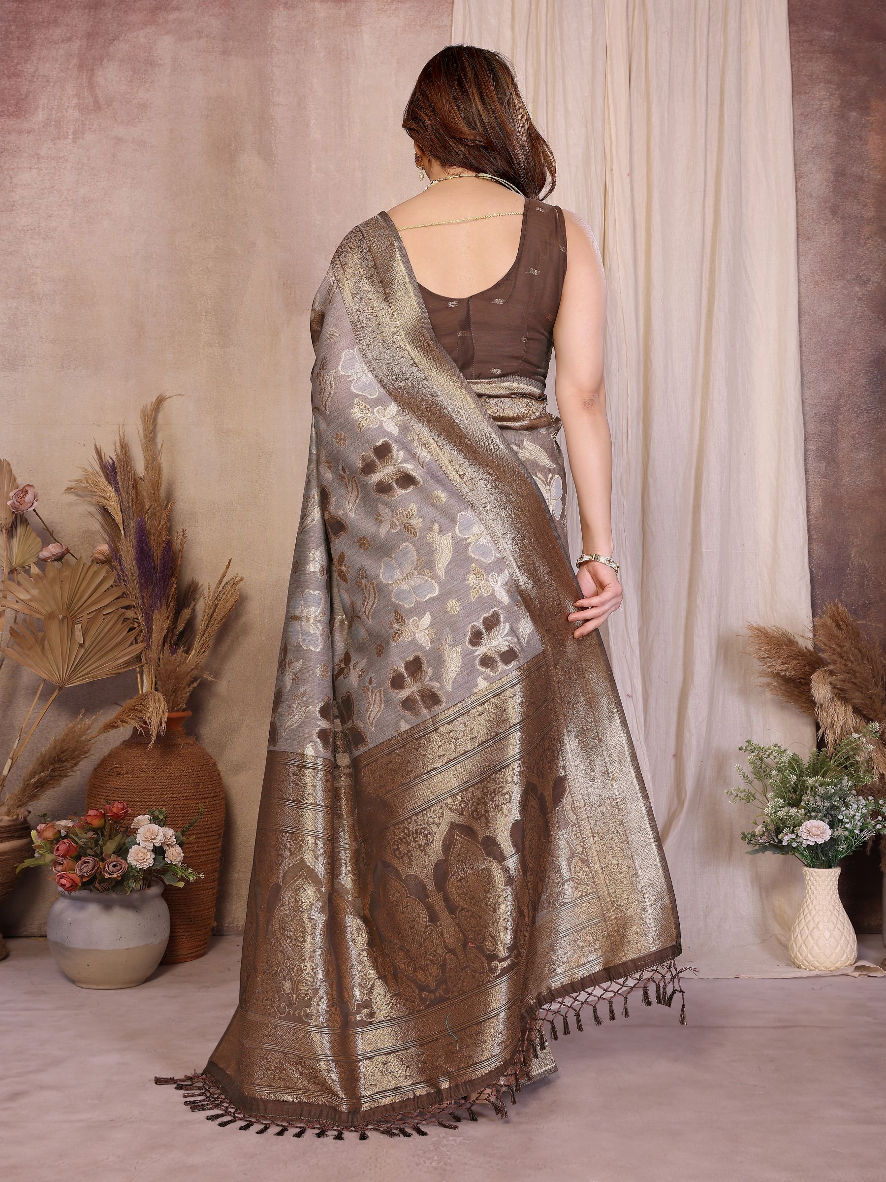 Earth Brown Regal Jacquard Cotton Saree — alternate view