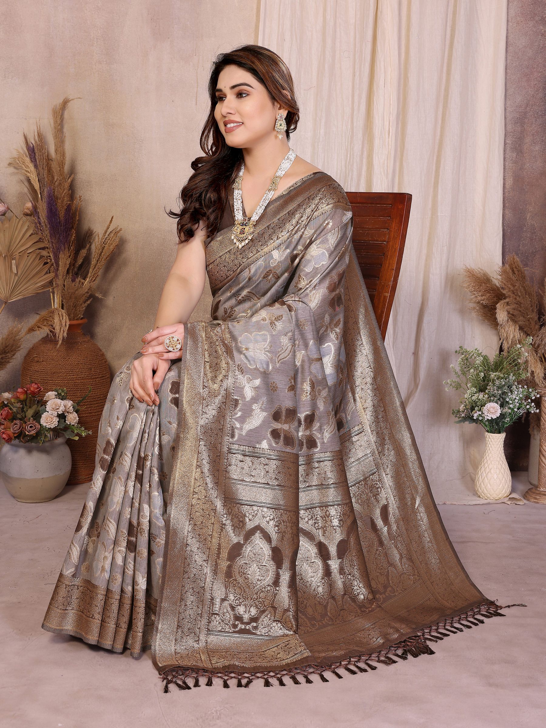 Earth Brown Regal Jacquard Cotton Saree
