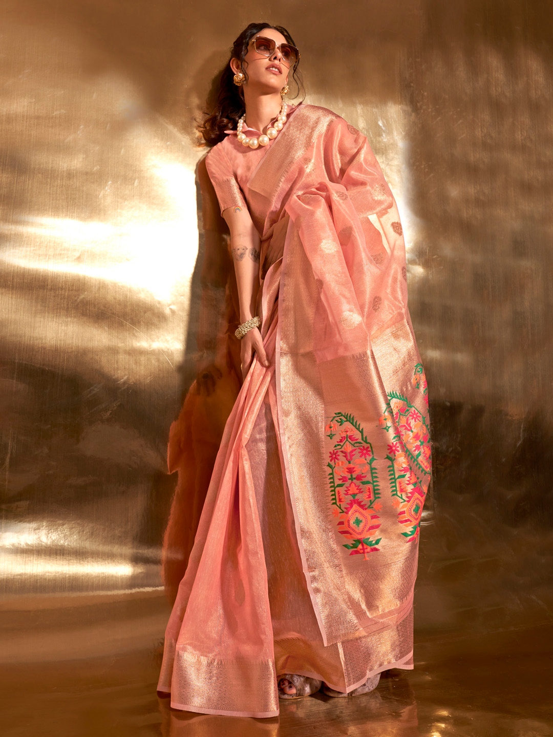 Elaria Peach Tissue Silk Saree