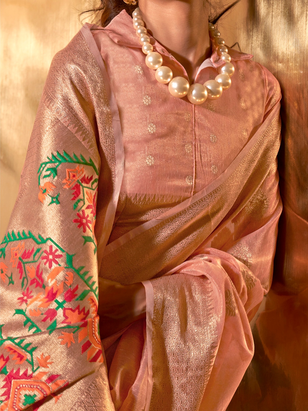 Elaria Peach Tissue Silk Saree