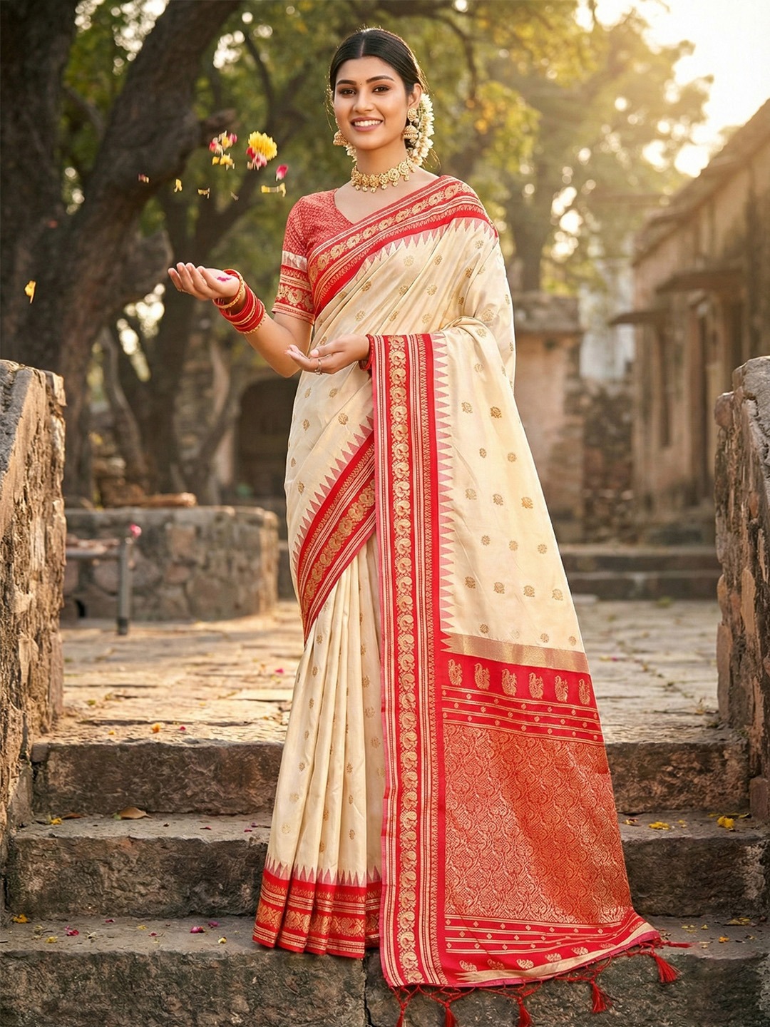 Elegant Cream Heritage Weave Soft Silk Saree